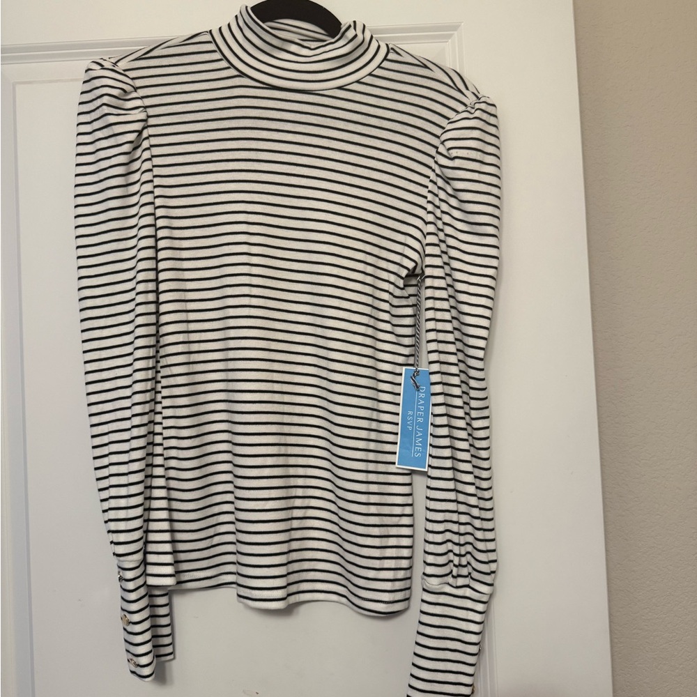 Draper James White and Black Puff Sleeve Mock Turtleneck shirt